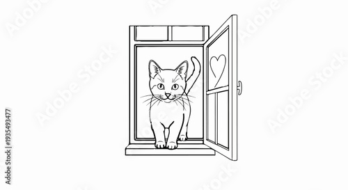 A line drawing of a cat peering from an open window with a heart