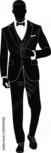 Bild auf Leinwand Silhouette vector of a confident stylish black man wearing a tuxedo suit with a bow tie walking forward with confidence