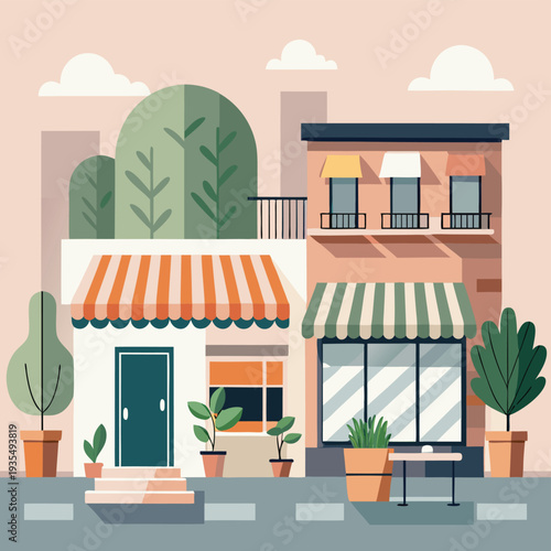 Facade of shops with awnings, plants, and outdoor table on street