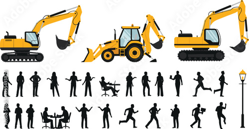 Construction excavator machines and people silhouettes collection featuring workers, office activities and street lamp isolated vector illustration set
