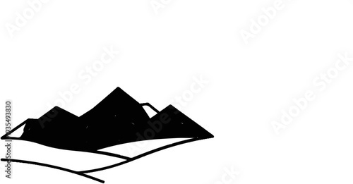 Stylized black mountain peaks against a vast, blank white canvas