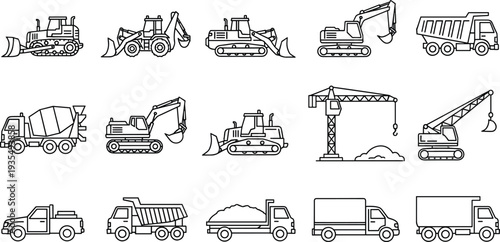 Construction vehicles outline icons collection featuring excavator, bulldozer, dump truck, crane and cement mixer isolated vector illustration set