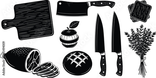 Kitchen cooking tools and meat preparation silhouettes featuring knives, cutting board, herbs and steak isolated black vector illustration set