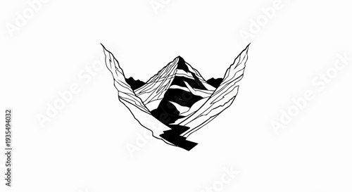 Stylized black and white sketch of a sharp mountain peak with deep valleys