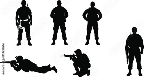 Military soldier silhouettes collection featuring armed army troops standing, kneeling and aiming rifle isolated black tactical vector illustration set