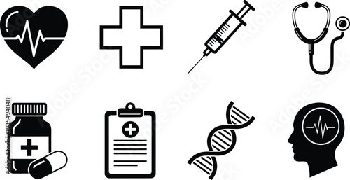 Modern healthcare and medical icon set featuring heart monitor, syringe, stethoscope, DNA, brain activity, prescription bottle and clinic symbols