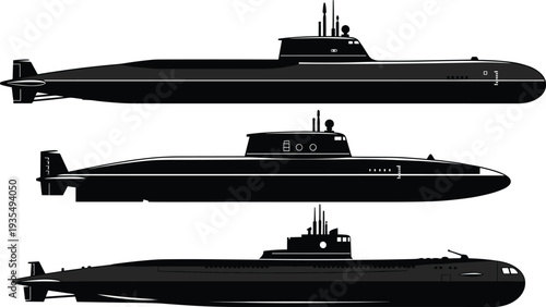 Military submarine silhouettes set featuring modern naval underwater vessels isolated on white background representing maritime defense technology and naval warfare