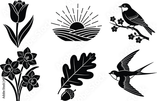 Nature silhouettes collection featuring tulip flower, sunrise landscape, bird, swallow, oak leaf and acorn isolated black vector illustration set
