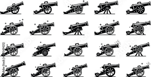 Vintage cannon artillery silhouettes collection featuring historical military cannons and war weapons isolated black vector illustration set