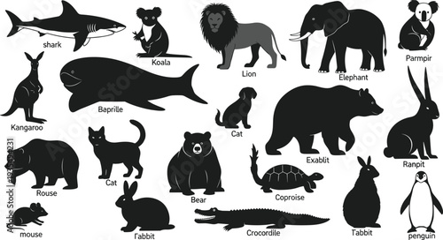 Wild animal silhouettes collection featuring lion, elephant, shark, bear, kangaroo, penguin and other wildlife species isolated vector set