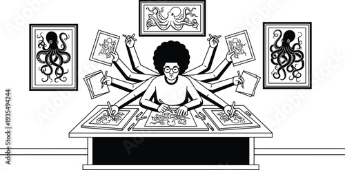Cartoon artist with multiple arms at desk with octopus