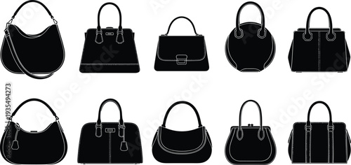 Women handbag silhouettes collection featuring luxury fashion purses and shoulder bags isolated black accessory vector illustration set