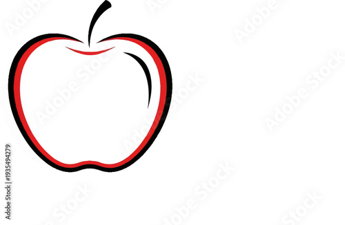 A minimalist, red and black outline of an apple with a stem on white
