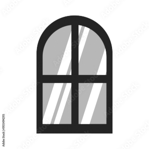 Arched window with cross frame and glass panes in monochrome halftone style. Minimal architectural vector illustration isolated on white, suitable for icon, design element, facade or interior concept.