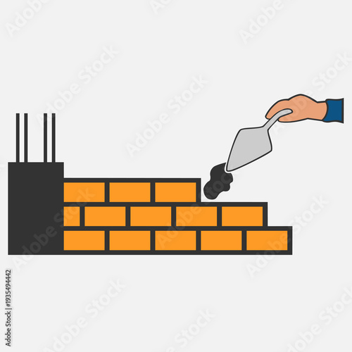 Bricklayer hand holding trowel with mortar building a brick wall, construction process illustration