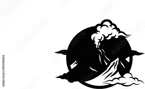 Stylized black and white depiction of an erupting volcano with clouds
