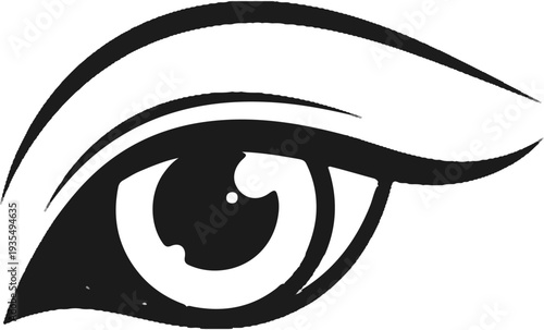 Stylized black and white graphic of a human eye with thick outlines