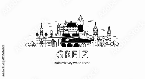 Stylized black and white outline skyline of Greiz with castle, towers, and bridge