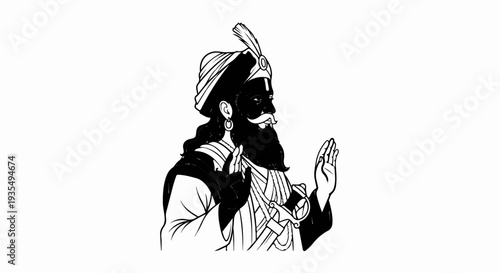 Stylized black and white portrait of a dignified man with a turban
