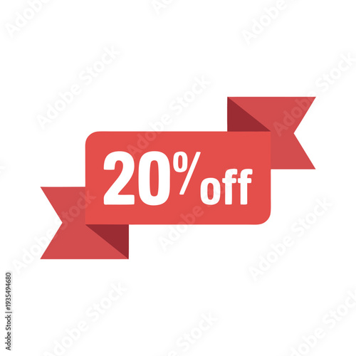 Red ribbon 20 percent off sale design isolated on white background with copy space