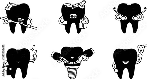 Six cartoon teeth demonstrate dental hygiene practices, tooth care, and implants