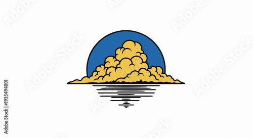 Stylized sun behind clouds reflected in water