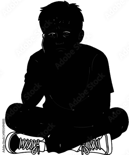 A silhouette of a sad, young person sits cross-legged with hand to face