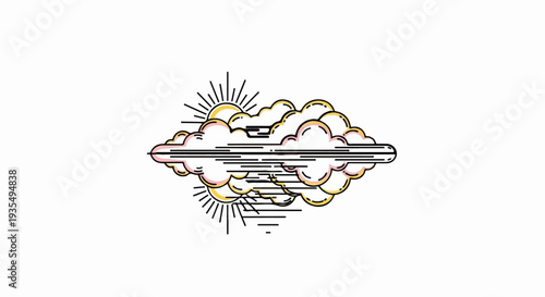 Stylized sunbeams pierce through a colorful cloud formation with horizontal lines