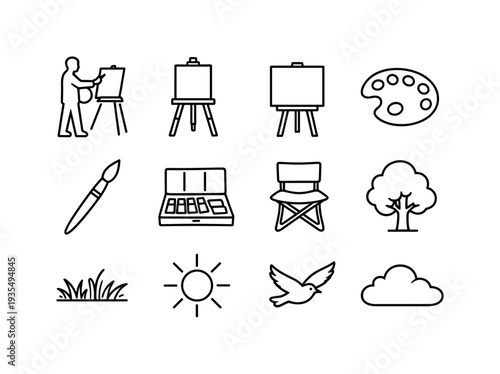 Clean line icon collection with park, bench, easel and outdoor creative elements.