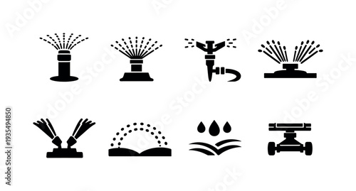 Garden irrigation line art set. Filled icon set of Garden irrigation line art set: pop up sprinkler head,