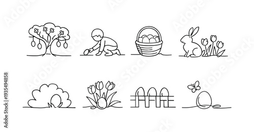 Spring countryside landscape illustration with rabbit, fence and blooming flowers in peaceful rural setting