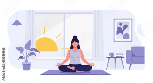 Flat illustration of a woman meditating in lotus pose at home with sunrise view from window. Yoga, mindfulness, relaxation, and healthy lifestyle concept for wellness, meditation, and self care design