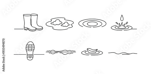 Rain and weather horizontal divider set featuring boots, clouds and water ripple accents