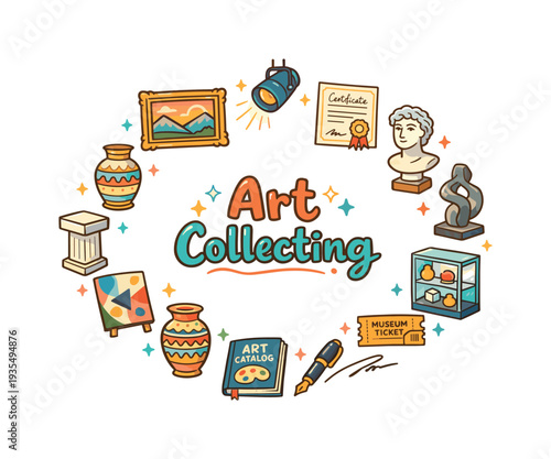 Art Collecting. Hand drawn illustration of Art Collecting. framed painting, sculpture bust, gallery spotlight,
