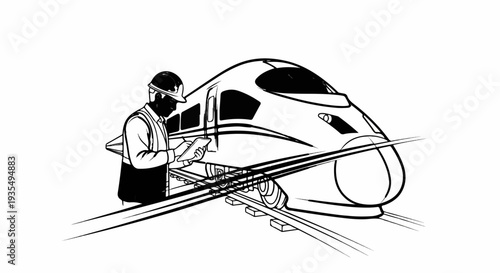 Technician in hard hat and vest checks tablet beside futuristic high-speed train