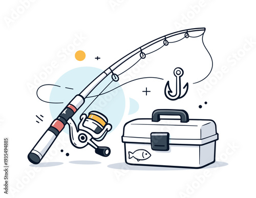 Fishing gear concept. A stylized fishing rod paired with a compact reel and simple tackle box, small hook icon