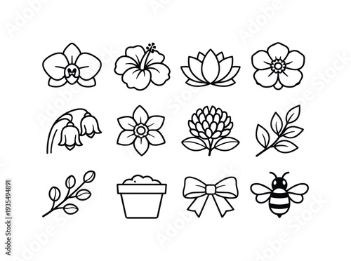 botanical flower icons. Line outline icon set of botanical flower icons: orchid bloom, hibiscus, lotus flower,