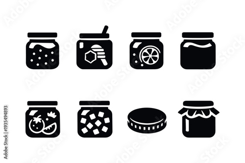 Homemade Preserves. Filled icon set of Homemade Preserves: jam jar, honey jar, marmalade jar, peanut butter