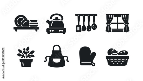 Home and kitchen outline icon collection featuring cookware, plants and cozy interior elements