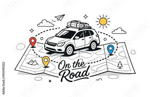 Road trip adventure illustration with car, map and travel planning themed elements