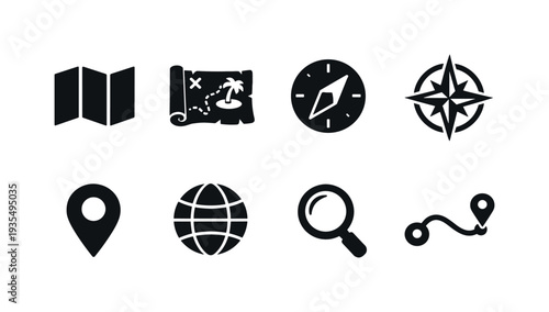 Travel and exploration outline icon collection featuring map, compass and adventure symbols