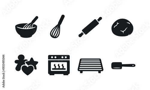 Baking Process. Filled icon set of Baking Process: mixing bowl, whisk, rolling pin, dough ball, cookie shapes,