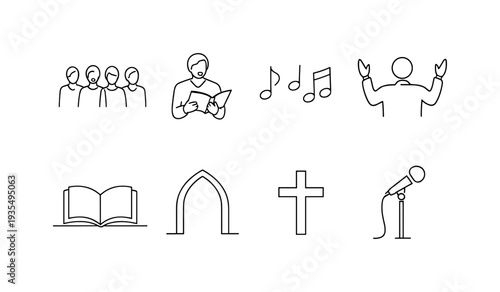 "Choir Singing". Minimalistic set one-line drawing choir group standing in row, singer holding hymn book,