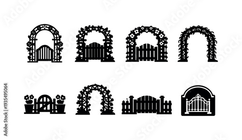 Floral trellis gate outline set. Filled icon set of Floral trellis gate outline set: iron arch with roses,