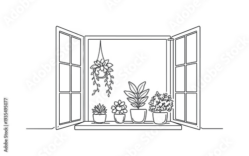Open window with indoor plants and bright daylight creating fresh airy home atmosphere illustration
