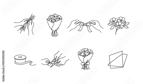 Minimalist Flower Arrangement. "Flower Shop Bouquet Preparation". Minimalistic set one-line drawing florist