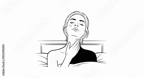 Woman with eyes closed, hand touching throat, in bed