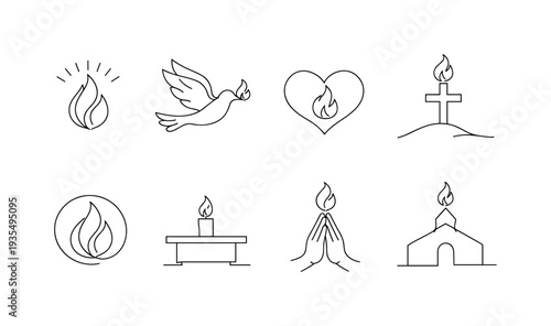 "Sacred Fire Set". Minimalistic set one-line drawing radiant flame symbol, dove carrying flame, heart with