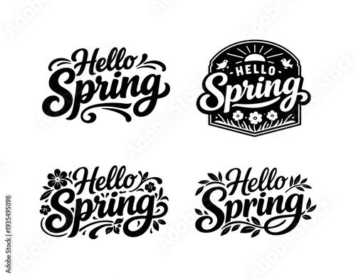 Spring Lettering Variations. Hello Spring. Set lettering. 4 harmonious lettering variations of the same