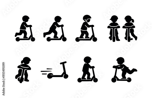 Children riding scooters silhouette icon collection showing different playful movement and activity poses